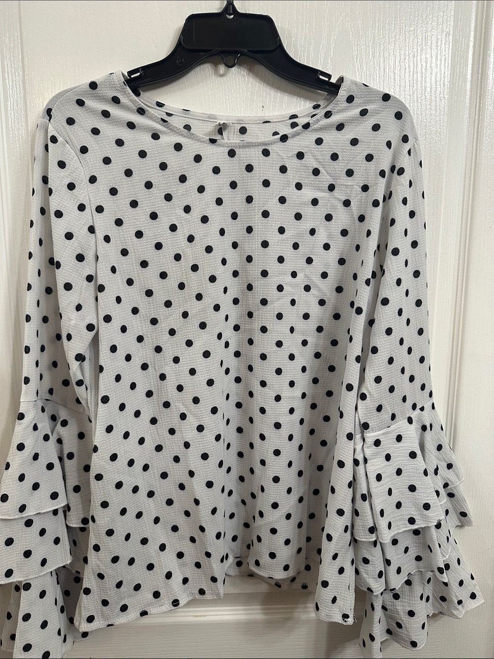 Polka Dot Ruffle Sleeve Blouse — White with Black Dots